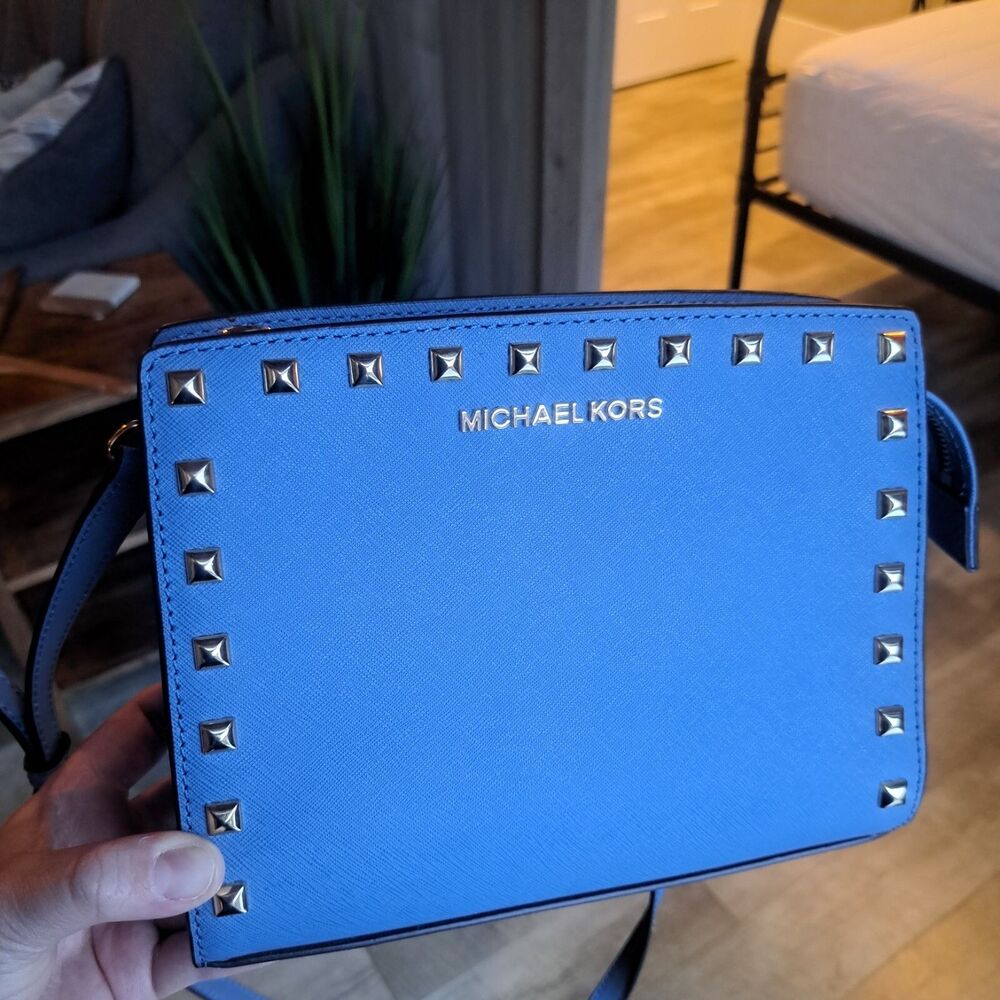 NEW Michael Kors Selma Studded Light Blue Leather Medium Messenger Handbag
